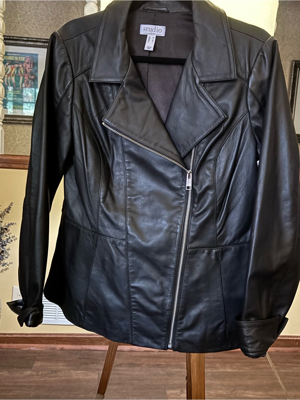 Studio Black Leather Asymmetric Zip Jacket